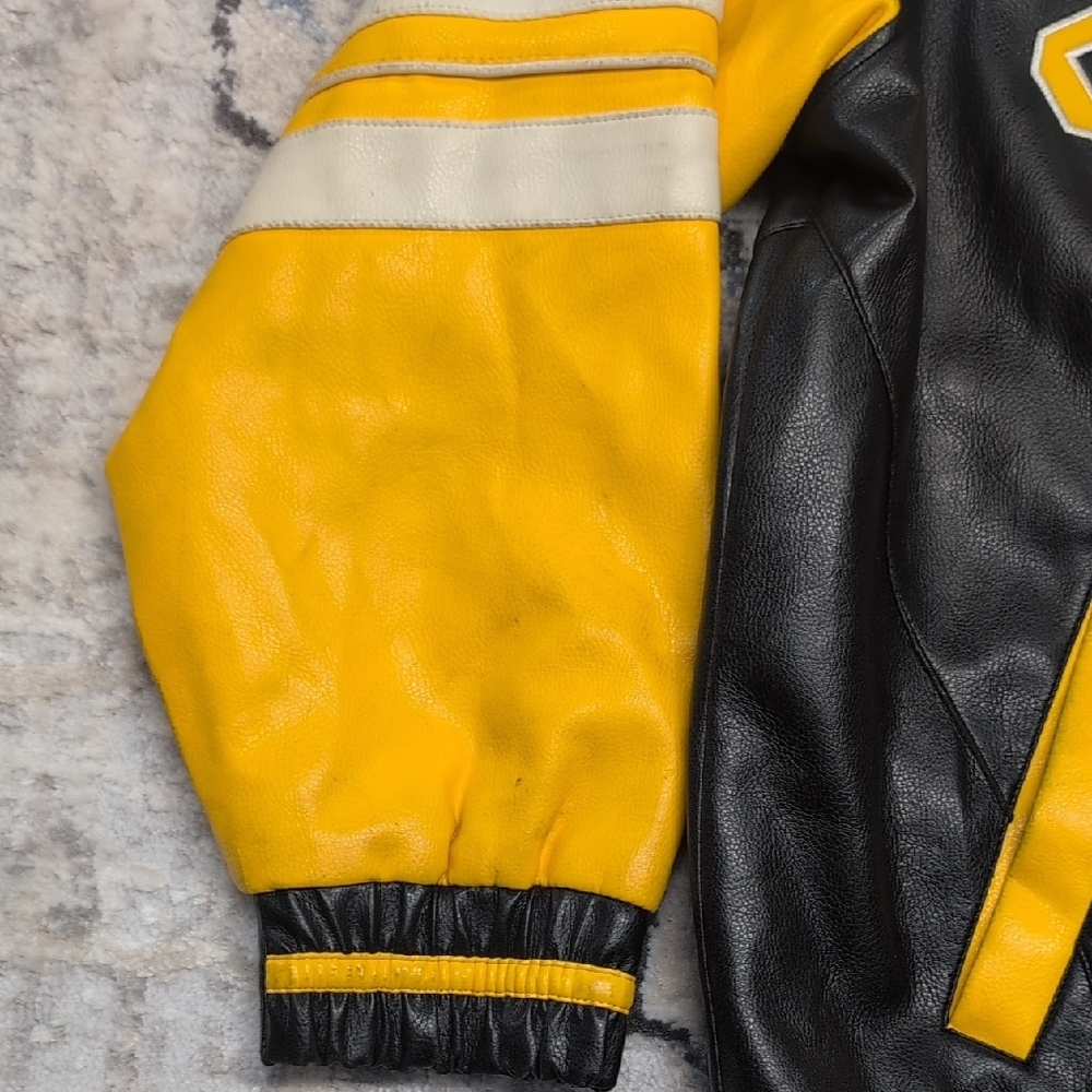 Vintage Pittsburgh Steelers NFL Jacket Faux Leather Varsity Bomber Black Yellow - Picture 3 of 9